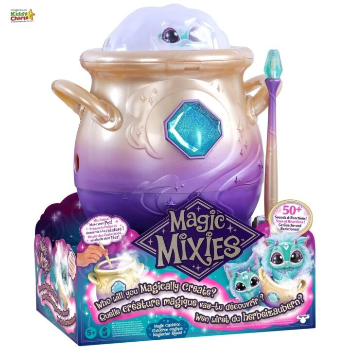 A cartoon toy Kiddy harts Magic 50+ Mix Potion cauldron , inviting children to mix the potion and create their own pet with sounds and reactions.