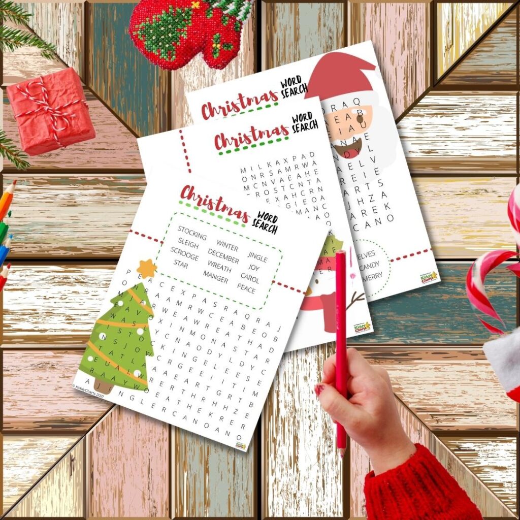 This image is a Christmas-themed word search game with a variety of words related to the holiday season.