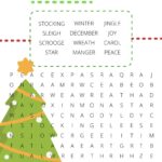 This image is depicting a word search game with a Christmas theme, featuring words related to the holiday such as "Christmas", "Winter", "Jingle", "Sleigh", "December", "Joy", "Scrooge", "Wreath", "Carol", "Manger", and "Peace".