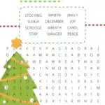 This image is depicting a word search game with a Christmas theme, featuring words related to the holiday such as "Christmas", "Winter", "Jingle", "Sleigh", "December", "Joy", "Scrooge", "Wreath", "Carol", "Manger", and "Peace".