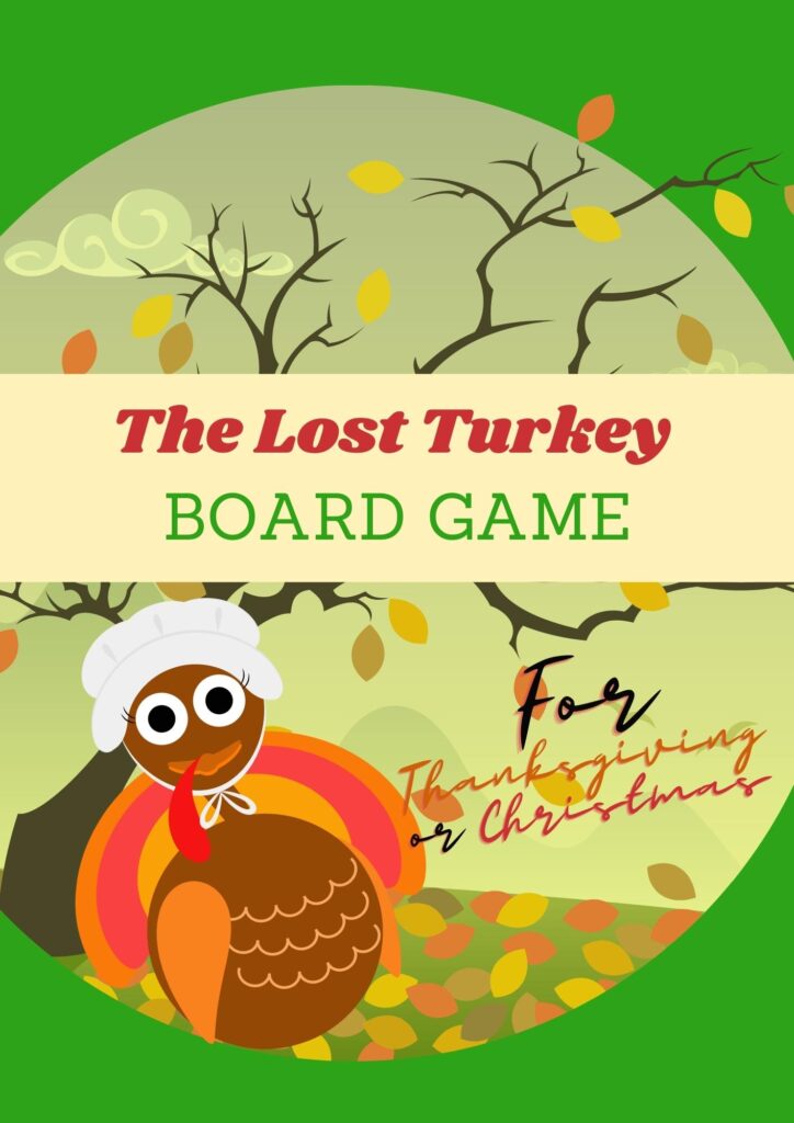 In the image, a family is playing a board game called "The Lost Turkey" for Thanksgiving or Christmas.