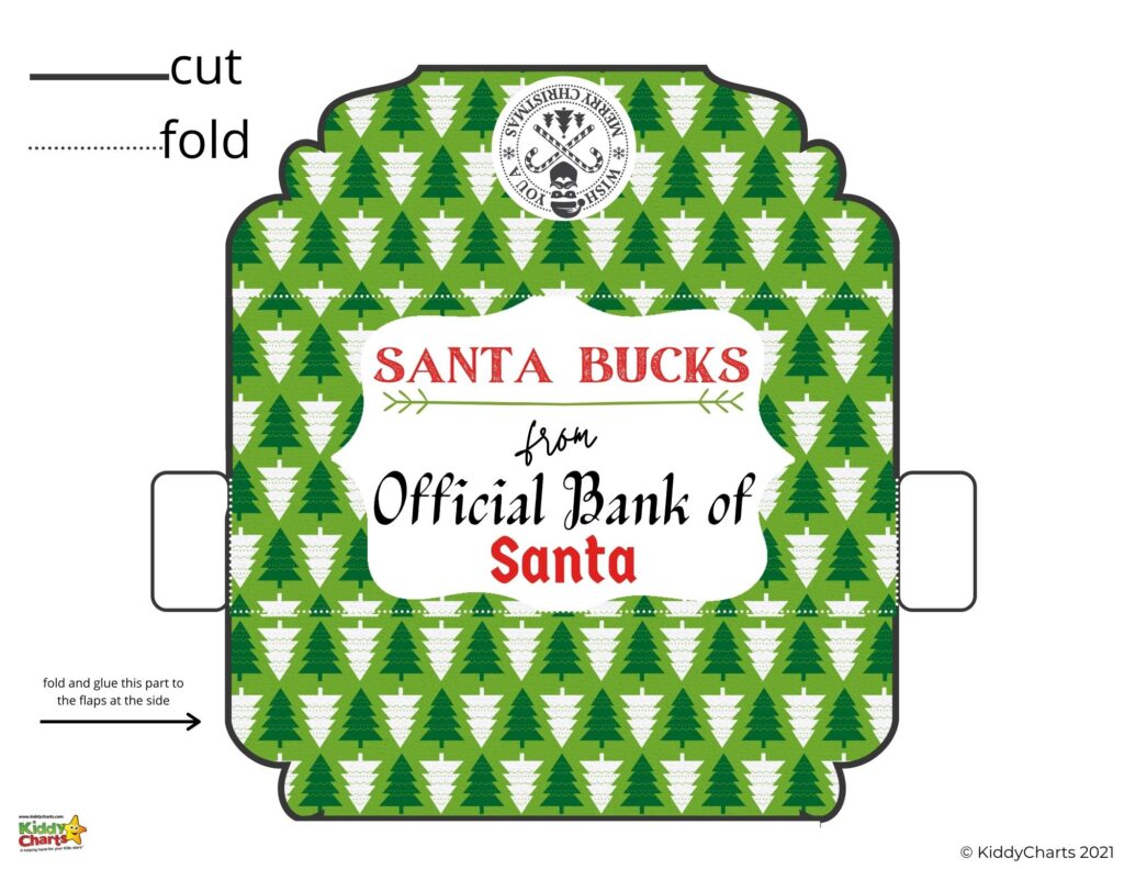The image depicts instructions for creating a Santa Bucks banknote from a Kiddy Charts template.