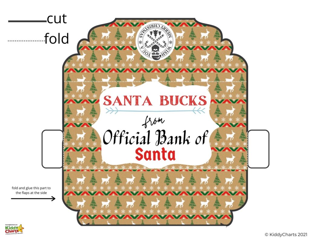 The image shows a printable Santa Bucks banknote that can be cut, folded, and glued to create a realistic-looking banknote.