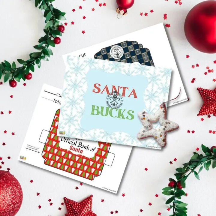 Santa is delivering a festive greeting card with a Christmas tree, fruit, and Valentine's Day treats to a lucky recipient.