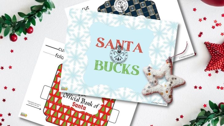 Santa is delivering a festive greeting card with a Christmas tree, fruit, and Valentine's Day treats to a lucky recipient.