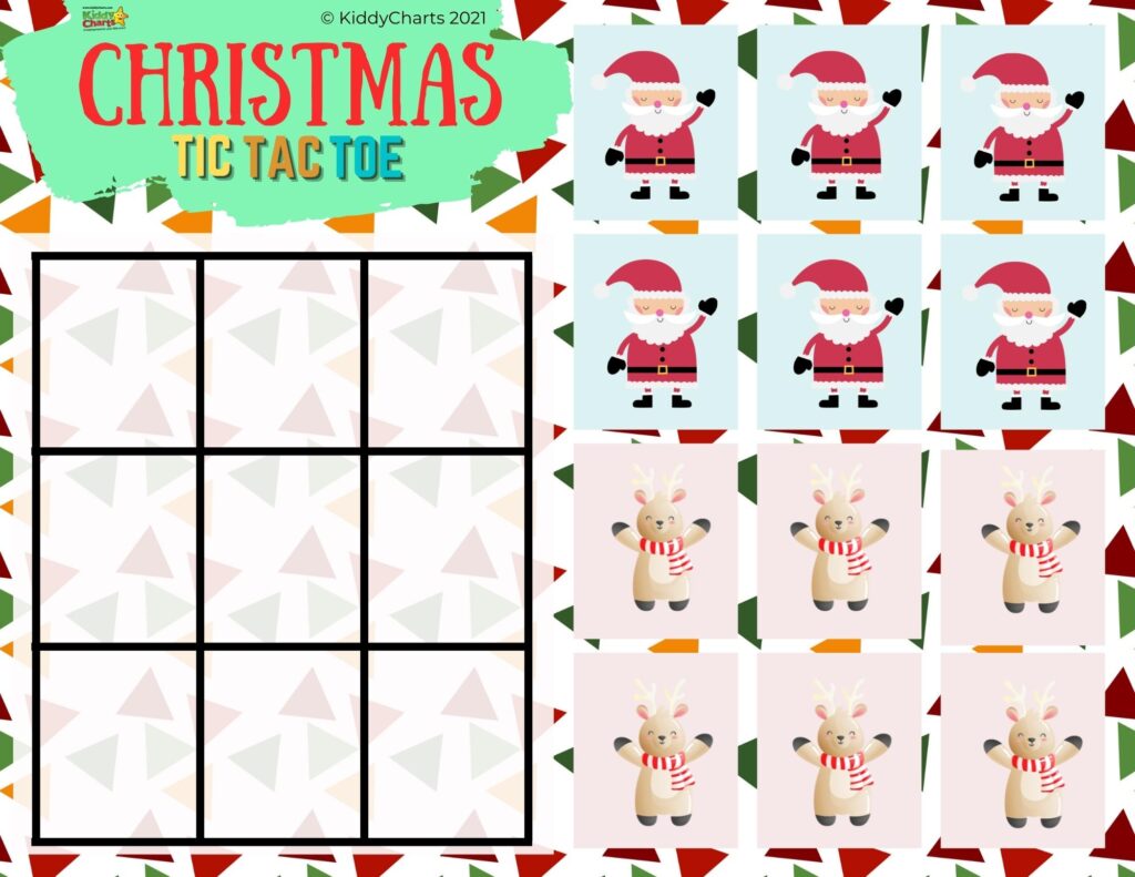 This image shows a Christmas-themed Tic-Tac-Toe game board created by KiddyCharts in 2021.