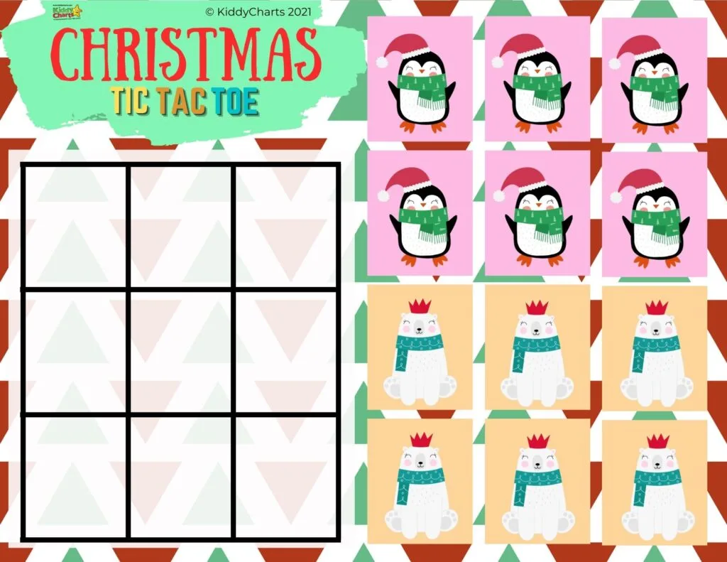 In this image, people are playing a game of Christmas-themed Tic Tac Toe.