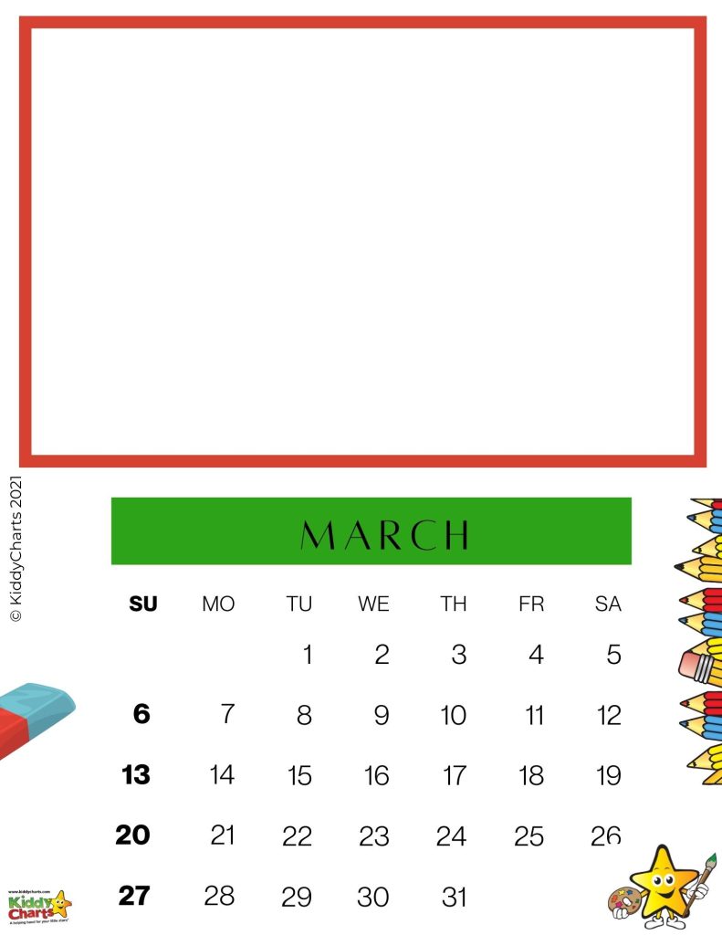 The image is a calendar for March 2021, with the days of the week labeled and the dates numbered.