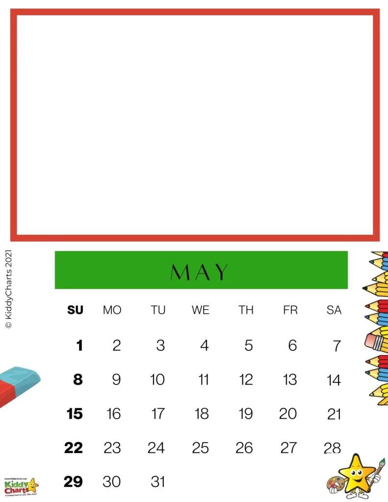 The image is a calendar for the month of May 2021, with days of the week and dates marked.