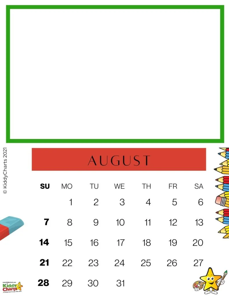A calendar for the month of August 2021, with the days of the week and dates marked.