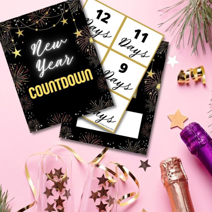 New year countdown cards flat lay with champagne and decorations