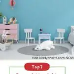 The image is showing seven easy and affordable bedroom decor ideas for kids that can be found on the website kiddycharts.com.