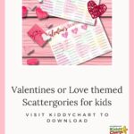 This image is promoting a Valentine's or Love themed Scattergories game for kids, which can be downloaded from Kiddy Charts.