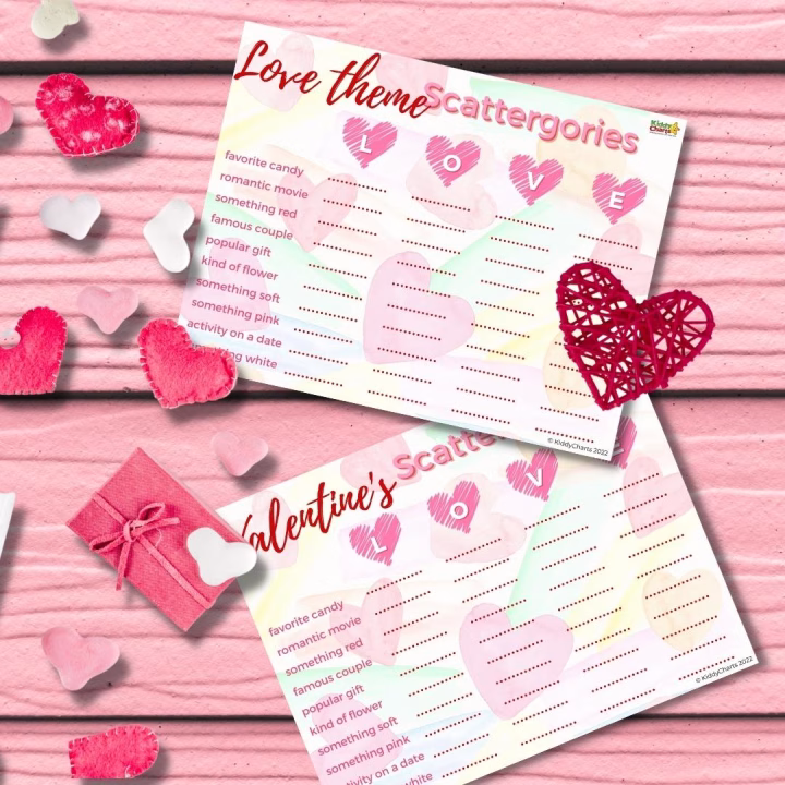 In this image, KiddyCharts 2022 is providing Valentine's Day themed Scattergories categories, such as favorite candy, romantic movie, something red, famous couple, popular gift, kind of flower, something soft, something pink, and activity on a date.