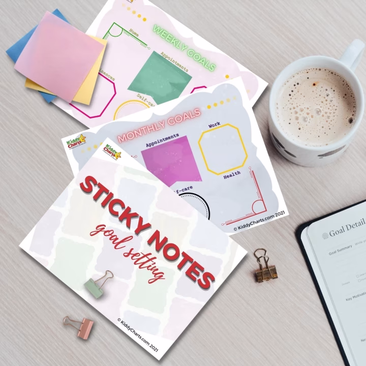 This image is showing a visual representation of goals for the year 2021, with categories for weekly and monthly goals and a link to KiddyCharts.com for goal setting and motivation.