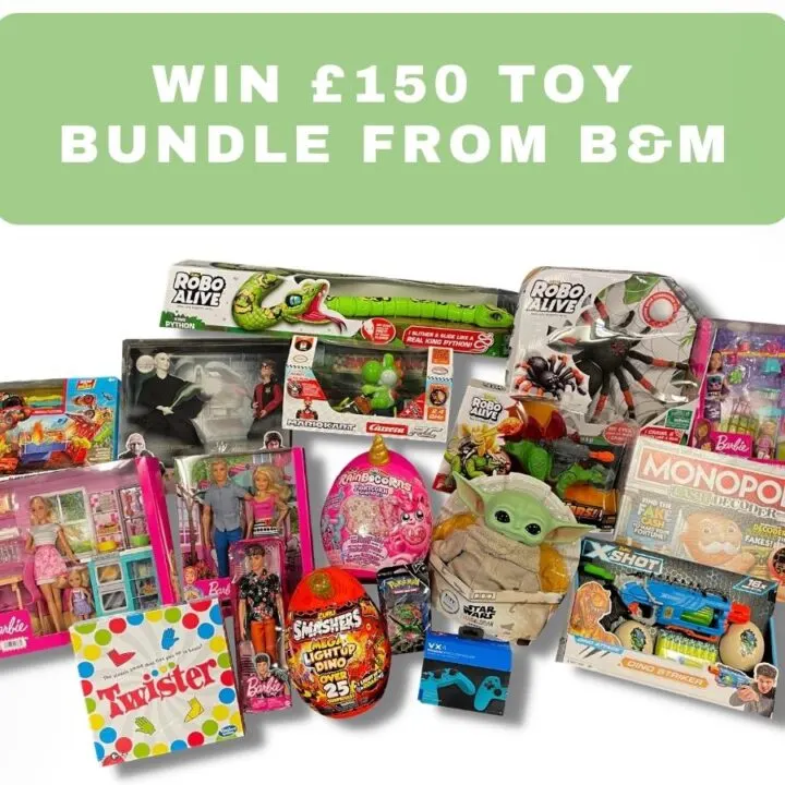 This image is promoting a giveaway of a £150 toy bundle from B&M, which includes Robo Alive, Robo Python, Monopoly, XShot, Ry, Barbie Smashers, Lights Dino, Twister 95, and Kiddye Charts.