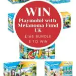 This image is promoting a fundraising bundle for Melanoma Fund UK, which includes Playmobil products, with proceeds going to the charity.