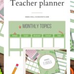 The image is a monthly planner for a teacher, with topics for each day of the week listed and a link to a website for additional resources.