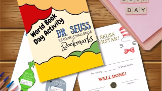 This image is showing a Dr. Seuss Reading Challenge with bookmarks for reading Dr. Seuss books, and a signature and date to signify completion of the challenge.