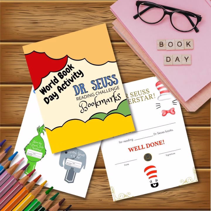 This image is showing a Dr. Seuss Reading Challenge with bookmarks for reading Dr. Seuss books, and a signature and date to signify completion of the challenge.