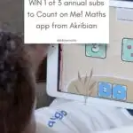 This image is advertising a giveaway for three annual subscriptions to the Count on Me! Maths app from Akribian and KiddyCharts.