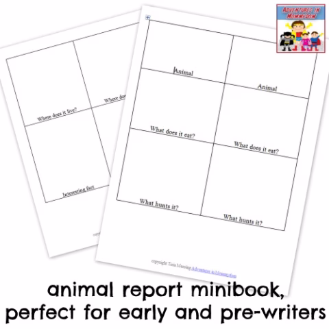 The image is of a child writing a report about an animal, researching what it eats, where it lives, and what hunts it.
