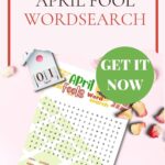 This image contains a printable April Fool's Day word search puzzle with related words to find.