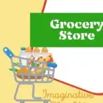 A child is playing pretend in a grocery store using a Grocery Store Imaginative Play Kit.