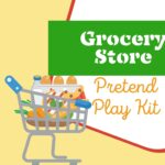 The image depicts a pretend play kit with various items to imitate a grocery store.