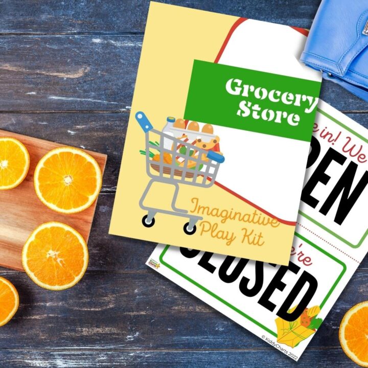 imaginative play grocery store sheets with oranges and purse