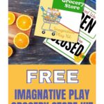 A child is downloading a free "Imaginative Play Grocery Store Kit" from Kiddy Charts.