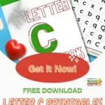 letter c printables on a blue background with alphabet and heart