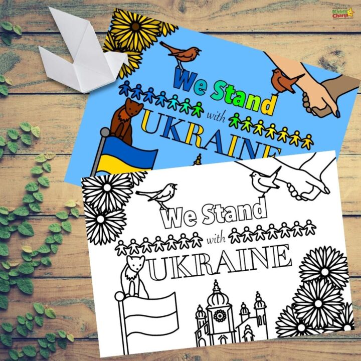 The image shows a group of people standing in solidarity with Ukraine, represented by the text 
