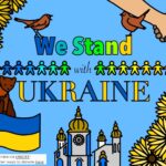 A cartoon clipart illustration design of a group of people standing with Ukraine with the words "We Stand with Ukraine" and the KiddyCharts logo for 2022 with a call to donate to UNICEF and other ways to donate.