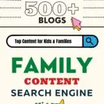 A marketing picture for the Kiddy Charts custom search engine with text that reads "search 500+ blogs, top content for kids and families, and family content search engine" with a search bar graphic on a tan background.