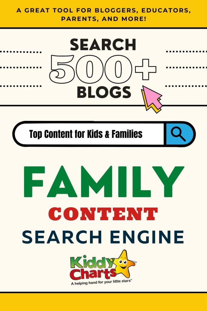 A marketing picture for the Kiddy Charts custom search engine with text that reads "search 500+ blogs, top content for kids and families, and family content search engine" with a search bar graphic on a tan background.