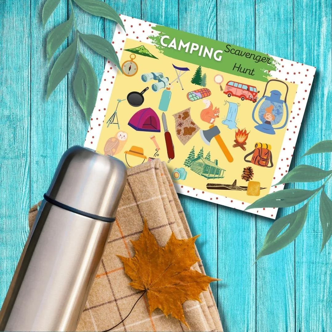 Camping scavenger hunt with leaves, flask, and a picnic mat.
