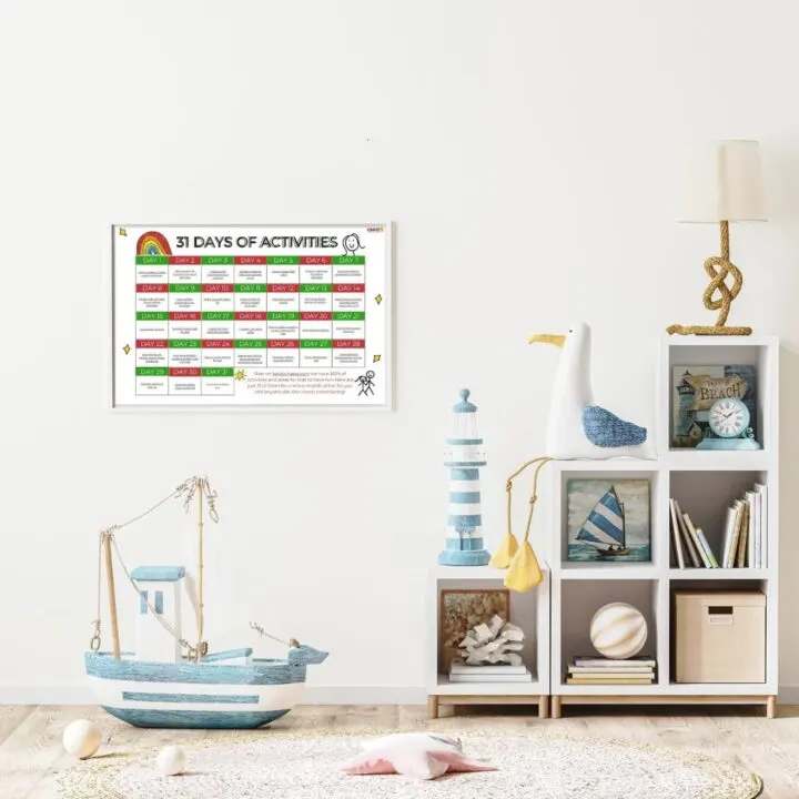 A miniature design of an indoor activity calendar , showcasing 31 days of fun activities for the whole month.