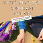 In this image, two people are participating in a spring art activity, making art out of found objects, as part of a mummy and me activity for KiddyCharts.com.