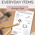 In this image, a scavenger hunt is being presented to the reader, challenging them to find everyday French items around their house as quickly as possible, and then colouring the sheet with their favourite crayons, and creating their own scavenger hunt.