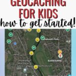 In this image, a person is providing instructions on how to get started with geocaching for kids, including specific locations and resources.