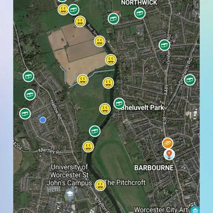 A group of people are geocaching in the area around Worcester, England, using Kiddy Charts as a guide.