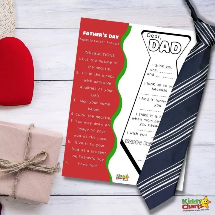 This image is showing instructions for making a Father's Day card for a dad, including cutting out a necktie, filling in blanks, signing a name, coloring the necktie, drawing an image of the dad, and giving the card as a present.