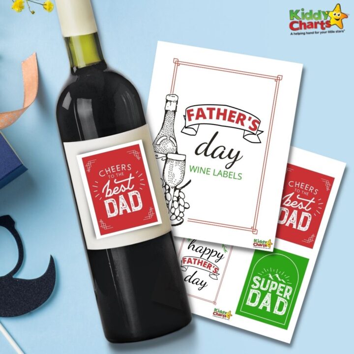 In this image, two wine labels are being presented as a Father's Day gift, with the text 