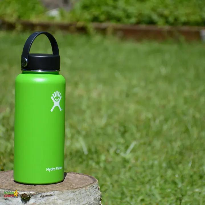 A green plastic cylinder waste container sits outdoors surrounded by lush grass.