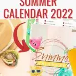 This image is a calendar for the summer of 2022, featuring activities such as swimming, writing a story, going on a bike ride, and having a dance party.
