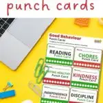 This image is showing a set of punch cards that reward children for completing tasks related to good behavior, reading, chores, eating healthy, kindness, independence, and discipline.