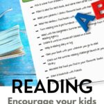 This image provides 14 ideas to encourage kids to read, such as recreating scenes from books with Lego and starting a book club with friends.