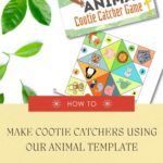 This image is showing instructions for making an animal-themed "Cootie Catcher" game using a downloadable template from the website www.kiddycharts.com.