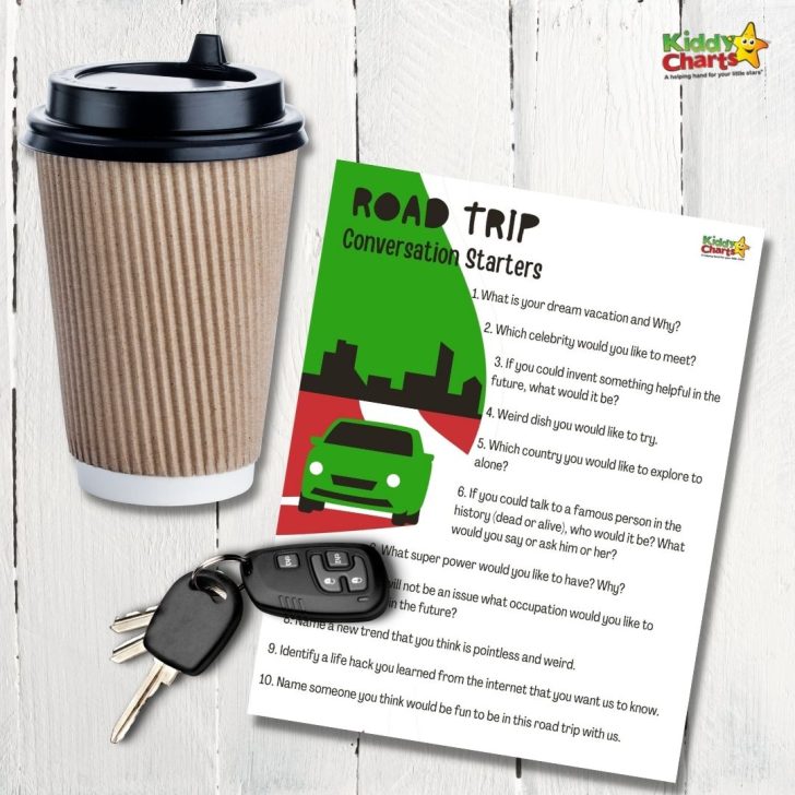 This image provides conversation starters for a road trip, asking questions about dreams, celebrities, inventions, dishes, countries, famous people, superpowers, occupations, trends, life hacks, and people to join the trip.